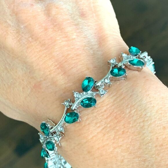 Green Gemstone Vine & Leaf Bridal Bracelet with CZ Crystals in Silver Tone Metal - Picture 1 of 11